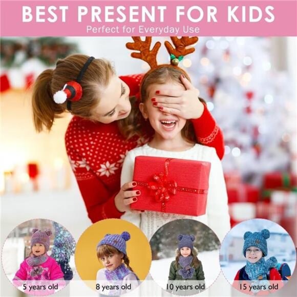 Kids Purple Winter Hat Gloves Scarf Set, Girls Toddler Children Beanie Snow‎ Cap - Picture 7 of 7